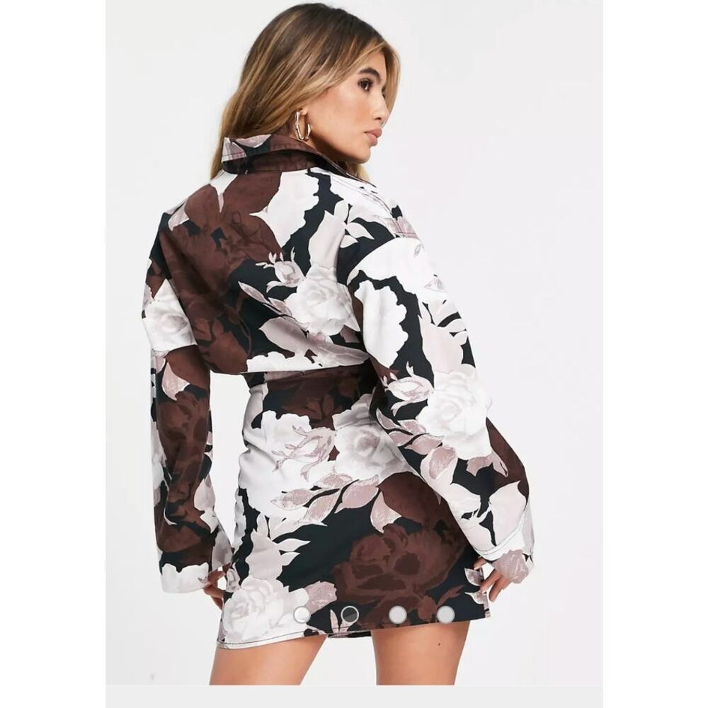 Twill Shirt Drees 8 in Bold Floral Print Long Sleeve Denim Button White Black - Picture 2 of 7
